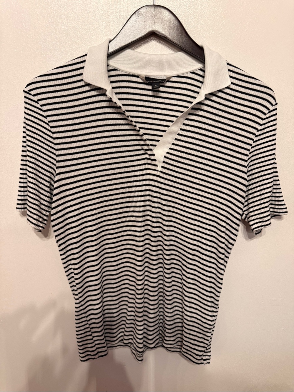 Banana Republic Women's Black and White Striped Polo
